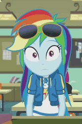 Size: 385x581 | Tagged: safe, derpibooru import, screencap, rainbow dash, equestria girls, equestria girls series, the last day of school, animated, cropped, cute, dashabetes, geode of super speed, gif, glasses, looking at you, magical geodes, solo