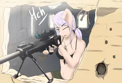 Size: 2880x1968 | Tagged: advertisement, aiming, anthro, artist:mintjuice, badge, bikini, bikini top, breasts, bullet hole, clothes, commission, derpibooru import, destroyed, dog tags, female, gun, military, oc, optical sight, rifle, shooting, shorts, sniper, sniper rifle, solo, solo female, suggestive, sunny day, unofficial characters only, walls, weapon, window, your character here