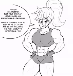 Size: 854x890 | Tagged: 30 day challenge, applejack, applejacked, artist:matchstickman, breasts, busty applejack, clothes, compression shorts, derpibooru import, dialogue, female, fingerless gloves, gloves, grin, human, humanized, muscles, muscular female, part of a series, part of a set, safe, smiling, solo, tanktop