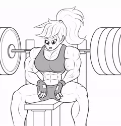 Size: 854x890 | Tagged: applejack, applejacked, artist:matchstickman, barbell, bench press, biceps, breasts, busty applejack, clothes, compression shorts, derpibooru import, fingerless gloves, gloves, human, humanized, muscles, muscular female, safe, sweat, tanktop, workout