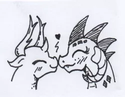 Size: 542x419 | Tagged: safe, artist:kuroneko, derpibooru import, princess ember, thorax, changedling, changeling, dragon, blushing, boop, dragoness, duo, embrax, eyes closed, female, ink drawing, interspecies, king thorax, male, monochrome, mutual booping, noseboop, shipping, simple background, straight, traditional art, white background