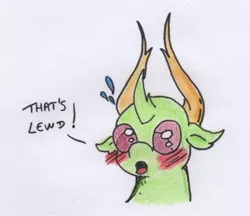 Size: 670x580 | Tagged: artist:kuroneko, blushing, bust, changedling, changeling, colored pencil drawing, derpibooru import, king thorax, lewd, male, portrait, safe, simple background, solo, speech, thorax, traditional art, white background