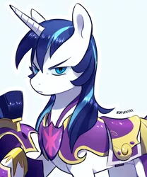 Size: 792x950 | Tagged: safe, artist:zoruanna, derpibooru import, shining armor, pony, unicorn, armor, female, glare, gleaming shield, helmet, looking at you, mare, rule 63, scowl, signature, simple background, solo, white outline