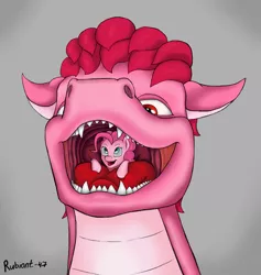 Size: 2297x2428 | Tagged: suggestive, artist:rubiont, derpibooru import, pinkie pie, oc, oc:fidget tail, dracony, dragon, hybrid, pony, fetish, maw, mawshot, open mouth, pink, teeth, tongue play, vore