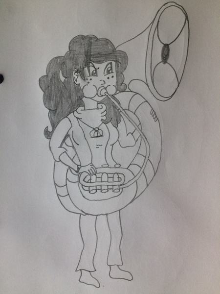 Size: 2448x3264 | Tagged: artist needed, source needed, safe, derpibooru import, oc, oc:lily orchard, oc:lily peet, unofficial characters only, equestria girls, bhaalspawn, female, freckles, lily orchard, lily peet, monochrome, musical instrument, solo, sousaphone, traditional art, tuba