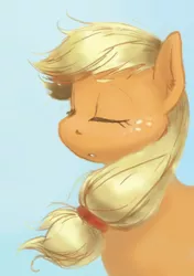 Size: 1136x1613 | Tagged: safe, artist:corevaluesart, derpibooru import, applejack, earth pony, pony, blue background, eyes closed, female, hatless, mare, missing accessory, simple background, solo, wind