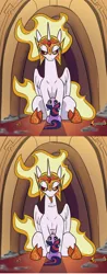Size: 628x1594 | Tagged: safe, artist:greyscaleart, artist:jargon scott, color edit, derpibooru import, edit, daybreaker, twilight sparkle, alicorn, pony, unicorn, the tiny apprentice, ash, colored, comic, cute, diabreaker, female, filly, filly twilight sparkle, foal, looking at each other, mane of fire, mare, mombreaker, raspberry, raspberry noise, silly, silly pony, sitting, size difference, smol, sweet dreams fuel, the small acolyte, tongue out, younger