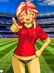 Size: 1520x2052 | Tagged: suggestive, artist:aboimages03, derpibooru import, sunset shimmer, equestria girls, art theft, audience, black underwear, clothes, eyes closed, female, fifa, football, legs, no pants, open mouth, panties, portugal, shirt, solo, solo female, sports, stadium, trace, underwear, world cup, world cup 2018