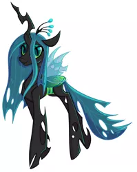 Size: 1650x2070 | Tagged: safe, alternate version, artist:puddingskinmcgee, derpibooru import, queen chrysalis, changeling, crown, female, jewelry, looking at you, regalia, simple background, smiling, solo, standing