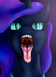 Size: 2000x2751 | Tagged: suggestive, artist:azerta56, derpibooru import, nightmare moon, alicorn, clothes, colored, colored pupils, commission, drool, ethereal mane, fangs, female, galaxy mane, mawshot, open mouth, simple background, solo, tongue out, uvula