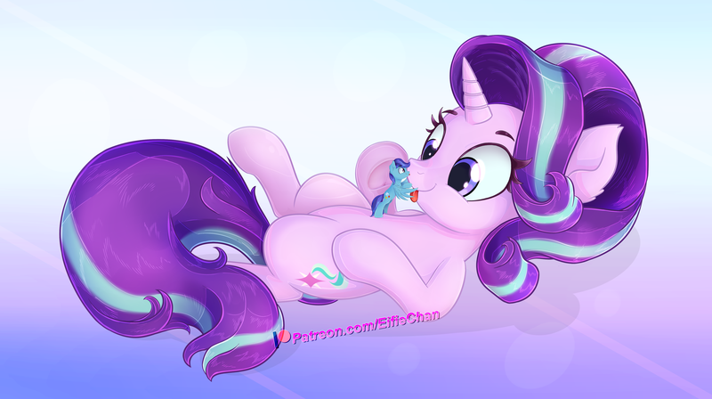 Size: 5000x2800 | Tagged: safe, artist:katakiuchi4u, derpibooru import, starlight glimmer, oc, oc:sierra nightingale, pegasus, pony, unicorn, :p, canon x oc, commission, cute, female, glimmerbetes, glimmgale, male, micro, mlem, on back, self insert, silly, size difference, smiling, stallion, tongue out