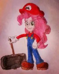 Size: 1024x1280 | Tagged: safe, artist:ponysloud99, derpibooru import, pinkie pie, equestria girls, clothes, cosplay, costume, crossover, female, hammer, mario, mario pie, super mario bros., traditional art