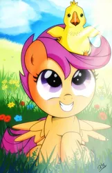 Size: 945x1456 | Tagged: safe, artist:dsana, derpibooru import, scootaloo, bird, chicken, chocobo, pegasus, pony, crossover, cute, cutealoo, female, filly, final fantasy, final fantasy xiii, grass, grin, happy, looking up, smiling, solo, spread wings, wings