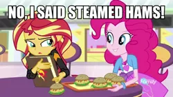 Size: 1080x608 | Tagged: safe, derpibooru import, edit, edited screencap, screencap, pinkie pie, sunset shimmer, equestria girls, mirror magic, spoiler:eqg specials, book, bracelet, burger, chair, discovery family logo, food, geode of empathy, geode of sugar bombs, hamburger, image macro, jewelry, journal, looking at each other, magical geodes, meme, raised eyebrow, simpsons did it, smiling, steamed hams, storefront, table, television, the simpsons, tray