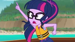 Size: 1280x720 | Tagged: safe, derpibooru import, screencap, sci-twi, twilight sparkle, equestria girls, equestria girls series, the salty sails, clothes, geode of telekinesis, glasses, lifejacket, open mouth, pointing, ponytail, raised arm, solo, swimsuit