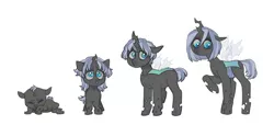 Size: 2733x1245 | Tagged: artist:kapusha-blr, blue changeling, changeling, changeling oc, derpibooru import, hybrid, interspecies offspring, oc, oc:larva, offspring, parent:queen chrysalis, parent:shining armor, parents:shining chrysalis, quadrupedal, sad, safe, simple background, solo, unofficial characters only, white background