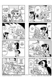 Size: 1464x2048 | Tagged: 4koma, anthro, artist:shepherd0821, comic, comic:friendship is 4komagic, derpibooru import, dragon, female, grayscale, male, manga, mobile phone, monochrome, phone, princess celestia, princess luna, safe, spike, translation, twilight sparkle