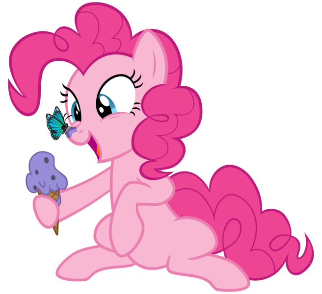 Size: 3500x3200 | Tagged: safe, artist:cheezedoodle96, derpibooru import, pinkie pie, butterfly, earth pony, pony, .svg available, butterfly on nose, cute, diapinkes, eye contact, female, food, hoof hold, ice cream, ice cream cone, insect on nose, looking at each other, mare, silly, silly pony, simple background, sitting, smiling, svg, transparent background, vector