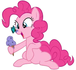 Size: 3500x3200 | Tagged: safe, artist:cheezedoodle96, derpibooru import, pinkie pie, butterfly, earth pony, pony, .svg available, butterfly on nose, cute, diapinkes, eye contact, female, food, hoof hold, ice cream, ice cream cone, insect on nose, looking at each other, mare, silly, silly pony, simple background, sitting, smiling, svg, transparent background, vector