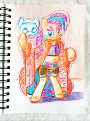 Size: 2654x3540 | Tagged: safe, artist:shoeunit, derpibooru import, oc, oc:shoelace, unofficial characters only, earth pony, pony, semi-anthro, asuka, belly button, clothes, colored pencil drawing, cosplay, costume, female, mare, mask, solo, sports, traditional art, wrestling, wwe