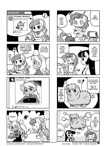 Size: 1464x2048 | Tagged: 4koma, ambiguous facial structure, anthro, artist:shepherd0821, camera, comic, comic:friendship is 4komagic, derpibooru import, facebook, food, gremlins, jealous, manga, monochrome, oc, oc:fluffle puff, pinkie pie, princess celestia, princess luna, safe, translation, tribble, twilight sparkle