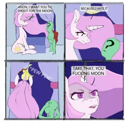 Size: 692x679 | Tagged: artist needed, comic, derpibooru import, moon, oc, oc:anon, pink-mane celestia, princess celestia, safe, source needed, vulgar