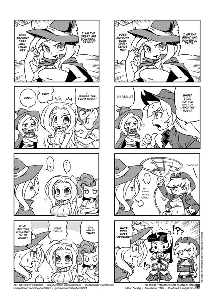 Size: 1464x2048 | Tagged: 4koma, anthro, applejack, artist:shepherd0821, big breasts, bondage, breaking the fourth wall, breasts, busty fluttershy, comic, comic:friendship is 4komagic, cowboy hat, derpibooru import, female, fluttershy, grayscale, hat, lasso, manga, monochrome, pinkie pie, rope, shibari, suggestive, translation, trixie, twilight sparkle