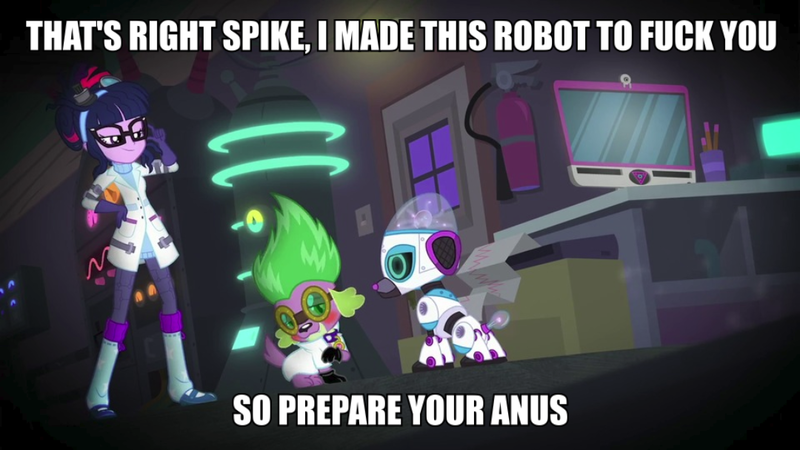 Size: 1080x608 | Tagged: suggestive, derpibooru import, edit, edited screencap, screencap, sci-twi, spike, spike the regular dog, twilight sparkle, dog, robot, eqg summertime shorts, equestria girls, mad twience, caption, clothes, female, goggles, image macro, imminent sex, implied sex, lab coat, male, meme, prepare your anus, robot dog, vulgar