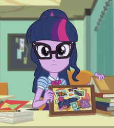 Size: 462x517 | Tagged: safe, derpibooru import, screencap, sci-twi, twilight sparkle, equestria girls, equestria girls series, the last day of school, animated, book, cropped, cute, female, geode of telekinesis, gif, glasses, looking at you, magical geodes, nerd, solo, twiabetes