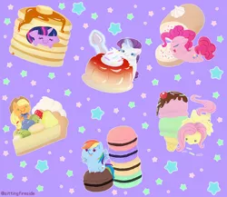 Size: 800x695 | Tagged: safe, artist:anzicorn, derpibooru import, applejack, fluttershy, pinkie pie, rainbow dash, rarity, twilight sparkle, pony, blob ponies, chibi, chubbie, cute, dessert, female, flan, food, hnnng, i'm pancake, ice cream, macaron, mane six, pancakes, ponies in food, pudding, spoon, tongue out
