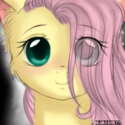 Size: 768x768 | Tagged: safe, artist:nijidashiey7, derpibooru import, fluttershy, pegasus, pony, bust, cute, eye clipping through hair, female, filly, filly fluttershy, hair over one eye, looking at you, mare, shyabetes, smiling, younger