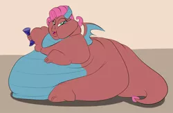 Size: 1280x835 | Tagged: artist:astr0zone, belly, big mina, bingo wings, blob, chubby cheeks, claws, derpibooru import, double chin, dragon, dragoness, dragon wings, fangs, fat, female, flabby chest, horns, huge butt, impossibly large belly, impossibly large butt, large belly, large butt, mina, morbidly obese, near immobile, obese, rolls of fat, solo, suggestive, wings