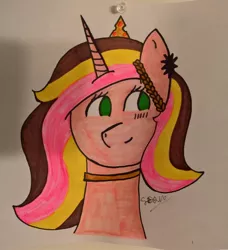 Size: 2100x2300 | Tagged: safe, derpibooru import, oc, oc:astrid, unicorn, blushing, crown, female, flower, green eyes, jewelry, looking right, mare, multicolored hair, pink fur, regalia, smiling, solo, traditional art, wreath