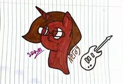 Size: 2644x1800 | Tagged: safe, derpibooru import, oc, oc:nerdy, unofficial characters only, unicorn, brown fur, glasses, guitar, lined paper, looking left, male, signature, solo, stallion, traditional art