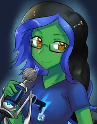 Size: 600x764 | Tagged: safe, artist:tzc, derpibooru import, oc, oc:thunderspeak, unofficial characters only, equestria girls, clothes, commission, equestria girls-ified, female, glasses, microphone, shirt, smiling, solo