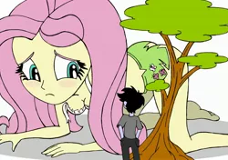 Size: 3480x2446 | Tagged: suggestive, artist:drsgrowth, derpibooru import, fluttershy, oc, equestria girls, blushing, breasts, cleavage, clothes, embarrassed, embarrassed underwear exposure, female, giantess, growth, macro, male, torn clothes, tree, underwear
