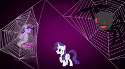 Size: 2000x1110 | Tagged: safe, artist:dingdingxu377, artist:summonedskull, derpibooru import, rarity, twilight sparkle, spider, unicorn, pony creator, caught, cocoon, engrish, engrish in the description, female, male, spider web, trap