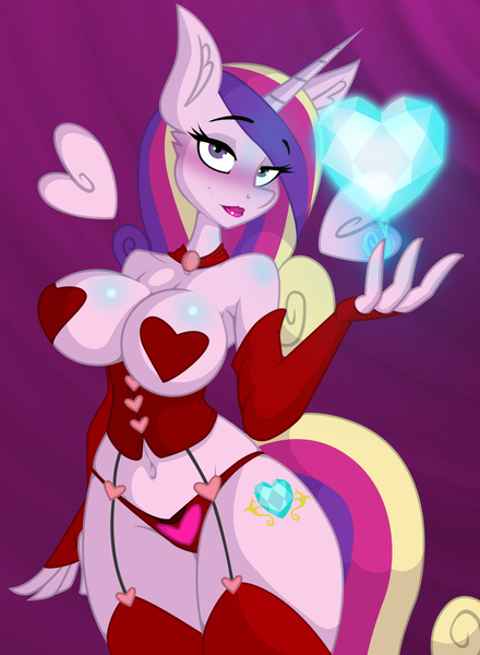 Size: 822x1122 | Tagged: suggestive, alternate version, artist:lil miss jay, derpibooru import, princess cadance, alicorn, anthro, full service playing cards, absolute cleavage, bedroom eyes, belly button, breasts, busty princess cadance, cleavage, clothes, collar, corset, crystal heart, evening gloves, female, fingerless gloves, floating wings, garter belt, garters, gloves, heart, image, jpeg, legs together, lingerie, lipstick, long gloves, looking at you, milf, panties, pasties, red underwear, smiling, smirk, socks, solo, solo female, stockings, thigh highs, underwear