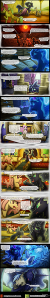 Size: 1000x5937 | Tagged: safe, artist:bonaxor, derpibooru import, discord, princess celestia, princess luna, oc, oc:prince rigel, oc:princess dream, pony, unicorn, comic:lunar republic stories, clothes, crater, dress, pink-mane celestia, s1 luna, sun