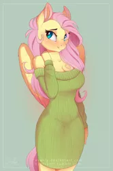 Size: 1800x2716 | Tagged: adorasexy, anthro, artist:evehly, bare shoulders, big breasts, blushing, breasts, busty fluttershy, cleavage, clothes, cute, derpibooru import, female, fluttershy, green background, green sweater, looking at you, mare, pegasus, safe, sexy, simple background, smiling, solo, sweater, sweater dress, sweatershy