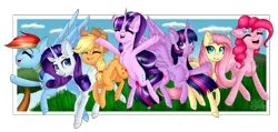 Size: 6010x2861 | Tagged: safe, artist:marzipan-madness, derpibooru import, applejack, fluttershy, pinkie pie, rainbow dash, rarity, starlight glimmer, twilight sparkle, twilight sparkle (alicorn), alicorn, pony