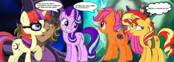 Size: 1800x644 | Tagged: safe, artist:leandrovalhalla, derpibooru import, moondancer, starlight glimmer, sunset shimmer, oc, oc:damce illusions, unicorn, saint seiya