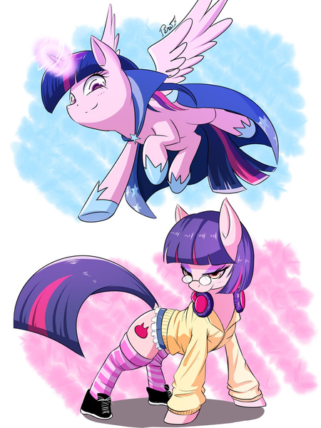 Size: 1600x2133 | Tagged: safe, artist:phoenixperegrine, derpibooru import, twilight sparkle, twilight sparkle (alicorn), alicorn, pony, clothes, duo, female, glasses, headphones, japan racing association, mare, not twilight sparkle, pop team epic, pop team epic kinen, sabukaru kuso hinba, smiling, socks, striped socks