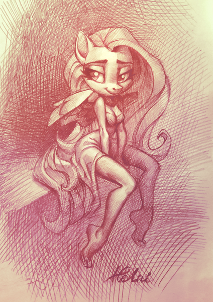 Size: 1251x1772 | Tagged: anthro, artist:holivi, barefoot, clothes, derpibooru import, dress, feet, female, fluttershy, looking at you, mare, monochrome, pegasus, plantigrade anthro, safe, solo