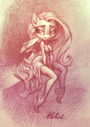 Size: 1251x1772 | Tagged: anthro, artist:holivi, barefoot, clothes, derpibooru import, dress, feet, female, fluttershy, looking at you, mare, monochrome, pegasus, plantigrade anthro, safe, solo