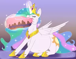 Size: 1805x1397 | Tagged: artist:swiftsketchpone, belly, big belly, cake, cakelestia, chubbylestia, derpibooru import, fat, female, food, majestic as fuck, messy eating, princess celestia, solo, solo female, stuffing, suggestive