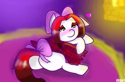 Size: 960x632 | Tagged: safe, artist:parn, derpibooru import, oc, oc:poomy thai, unofficial characters only, pony, bedroom eyes, blanket, blushing, bow, cute, flirting, heart, lidded eyes, plaid, plot, sexy eyes, solo, tail bow