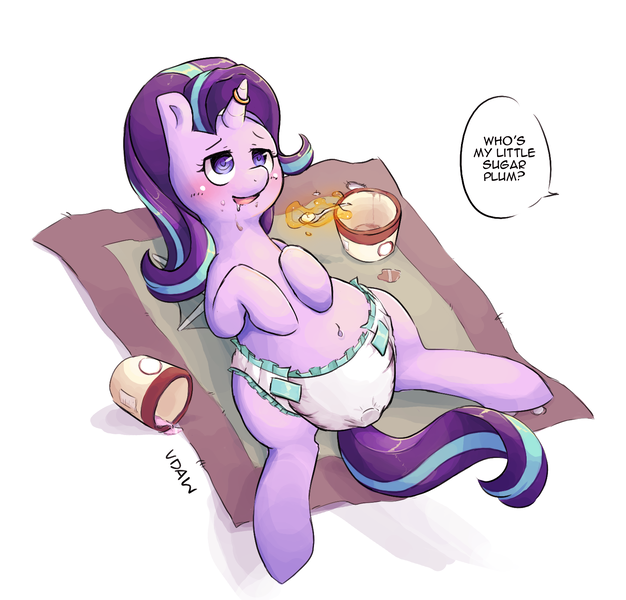 Size: 1525x1462 | Tagged: alternate version, artist:verydefinitelyawolf, belly, belly button, big belly, blanket, derpibooru import, diaper, diaper fetish, feeding, fetish, food, horn ring, hypnosis, hypnotized, ice cream, implied anal insertion, implied insertion, magic, magic suppression, offscreen character, questionable, solo, starlight glimmer, stuffed, telekinesis