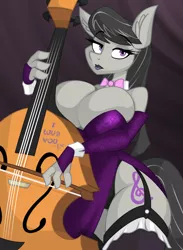 Size: 822x1122 | Tagged: suggestive, artist:lil miss jay, derpibooru import, octavia melody, anthro, earth pony, full service playing cards, big breasts, bow (instrument), breasts, busty octavia, cello, cello bow, cleavage, clothes, dress, female, garter belt, garters, implied lesbian, implied scratchtavia, implied shipping, lipstick, mare, musical instrument, solo, solo female, strapless dress, stupid sexy octavia, wide hips