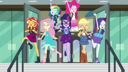 Size: 1280x720 | Tagged: safe, derpibooru import, screencap, applejack, fluttershy, pinkie pie, rainbow dash, rarity, sci-twi, sunset shimmer, twilight sparkle, equestria girls, equestria girls series, the last day of school, backpack, canterlot high, clothes, doors, glass, happy, humane five, humane seven, humane six, school, staircase, stairs, yay